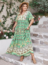 Plus Size Floral Tie Neck Flutter Sleeve Maxi Dress Gum Leaf OutfitFlow